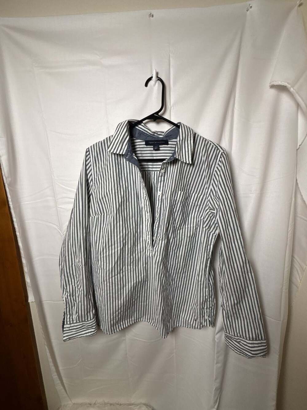 Tommy Hilfiger Striped Long Sleeve Popover Shirt Size L/G Blue White